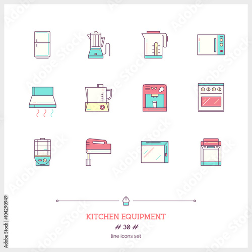 Color line icon set of kitchen equipments objects, tools and ele