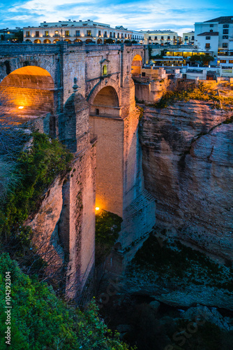 Ronda, at the Puente Nuevo Bridge over the Tajo Gorge in the evening. Andalusia. Spain