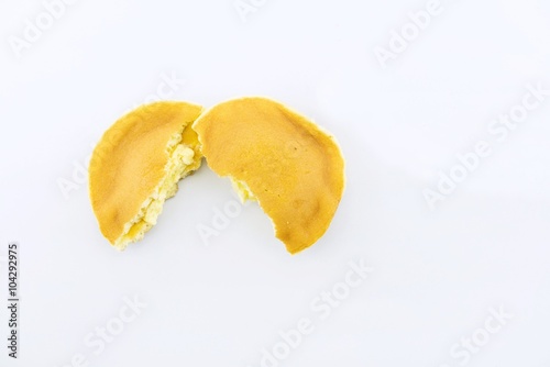 Close up of Dorayaki - twist, delicious sweets of Japanese Traditional Dessert : Dorayaki isolated on white
 photo