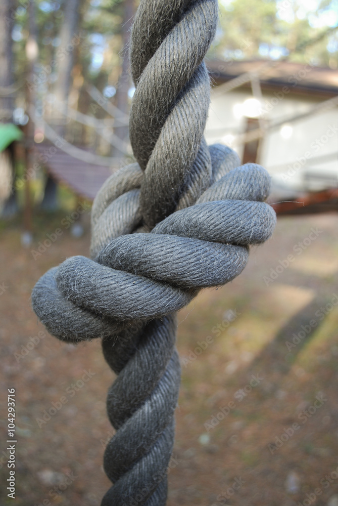Fototapeta premium Children’s wooden playground in the forest. Hanging rope. Place for games and sports activities.