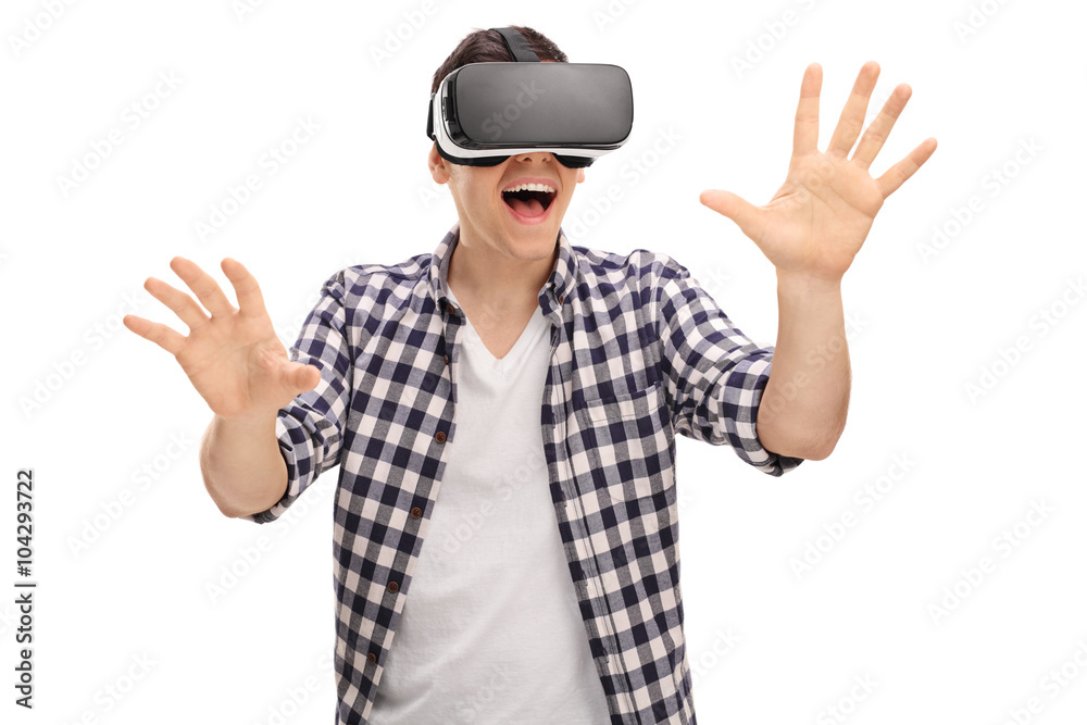 Excited man experiencing virtual reality Excited man experiencing virtual reality