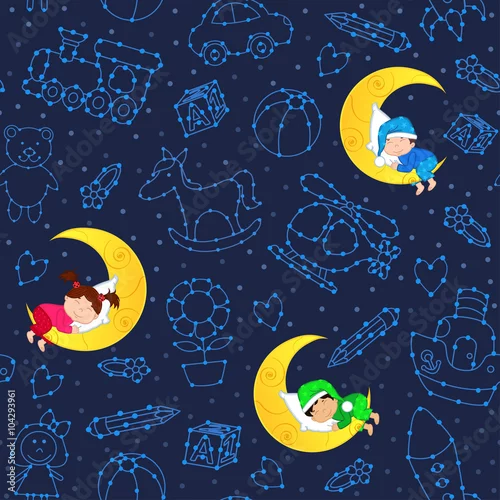 Obraz bezszwowy wzór z dziećmi śpi na księżyc wśród gwiazd - wektorowa ilustracja, eps