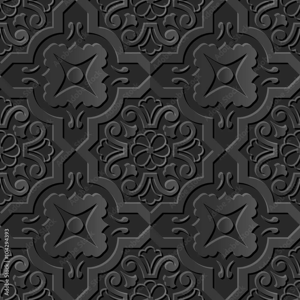 Seamless 3D elegant dark paper art pattern 116 Curve Cross Flower
