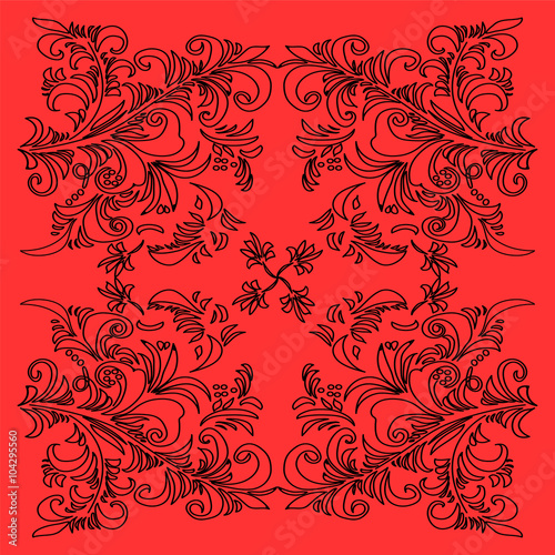 Vector Illustration. Beautiful Hand Drawn Black Ornament on Red Backgrownd