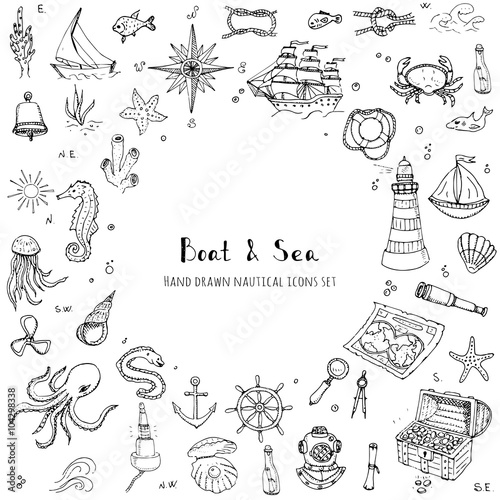 Hand drawn doodle Boat and Sea set Vector illustration boat icons sea life concept elements Ship symbols collection Marine life Nautical design Underwater life Sea animals Sea map Spyglass Magnifier photo