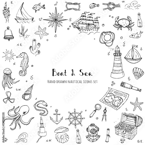 Hand drawn doodle Boat and Sea set Vector illustration boat icons sea life concept elements Ship symbols collection Marine life Nautical design Underwater life Sea animals Sea map Spyglass Magnifier