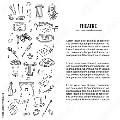 Hand drawn doodle Theatre set Vector illustration Sketchy theater icons  Theatre acting performance elements Ticket Masks Lyra Flowers Curtain stage Musical notes Pointe shoes Make-up artist tools