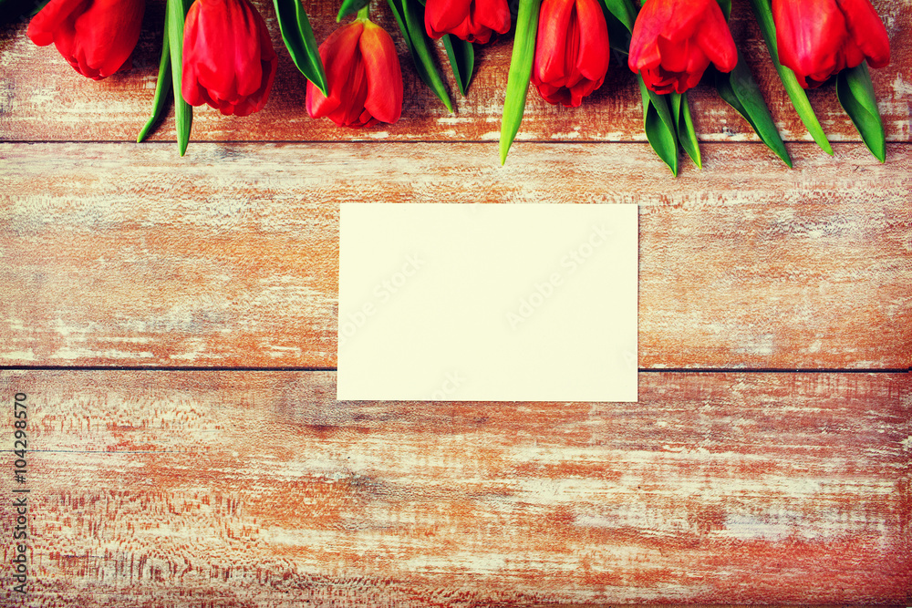 close up of red tulips and blank paper or letter