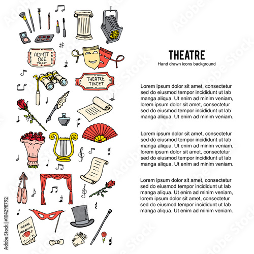 Hand drawn doodle Theatre set Vector illustration Sketchy theater icons  Theatre acting performance elements Ticket Masks Lyra Flowers Curtain stage Musical notes Pointe shoes Make-up artist tools