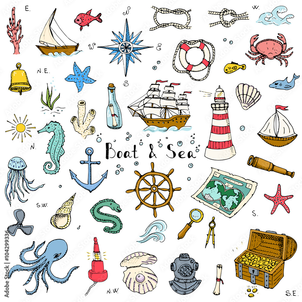 Hand drawn doodle Boat and Sea set Vector illustration boat icons sea ...