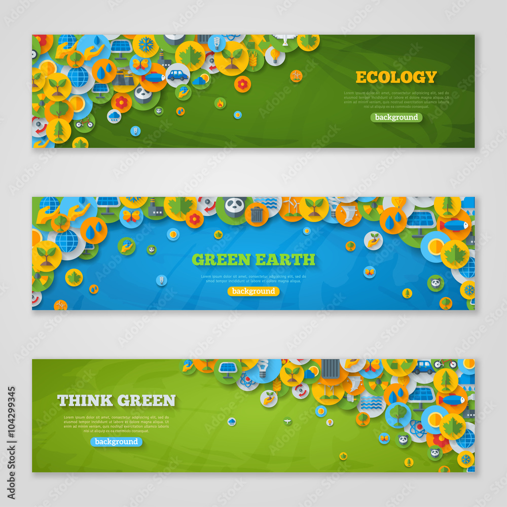 Banners with Icons of Ecology, Environment, Green Energy and Pollution