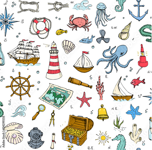 Seamless background hand drawn doodle Boat and Sea icons set Vector illustration Sea life elements Ship symbols collection Marine life Nautical design Underwater Sea animals Sea map Spyglass Magnifier