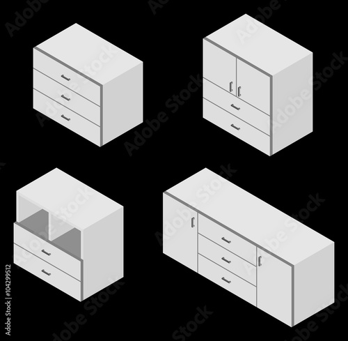  Set of four bureau. Vector illustration. Set for isometric interior.