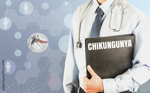 doctor with document file word chikungunya on mosquito modern medical background photo