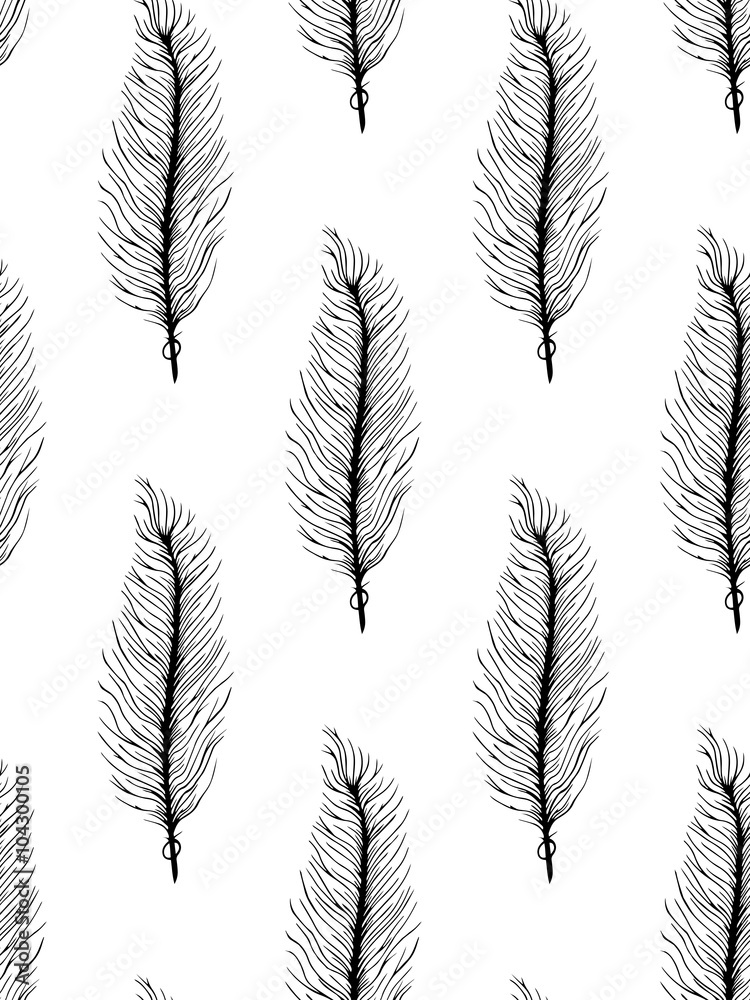 Black white seamless pattern with feathers. Boho Style Elements. Vector Drawing. 