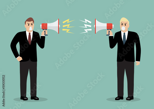 Two angry businessman are shouting on each other with megaphones