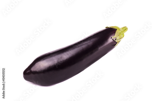 One fresh and raw eggplant over white background