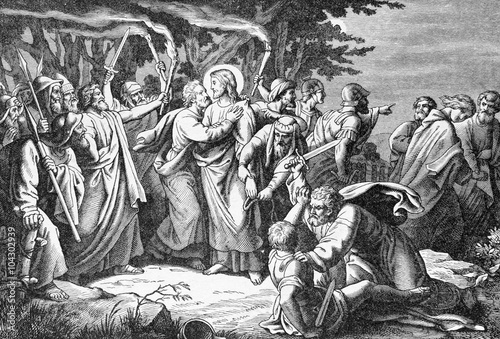 Canvas-taulu The arresting of Jesus in Gethsemane garden lithography