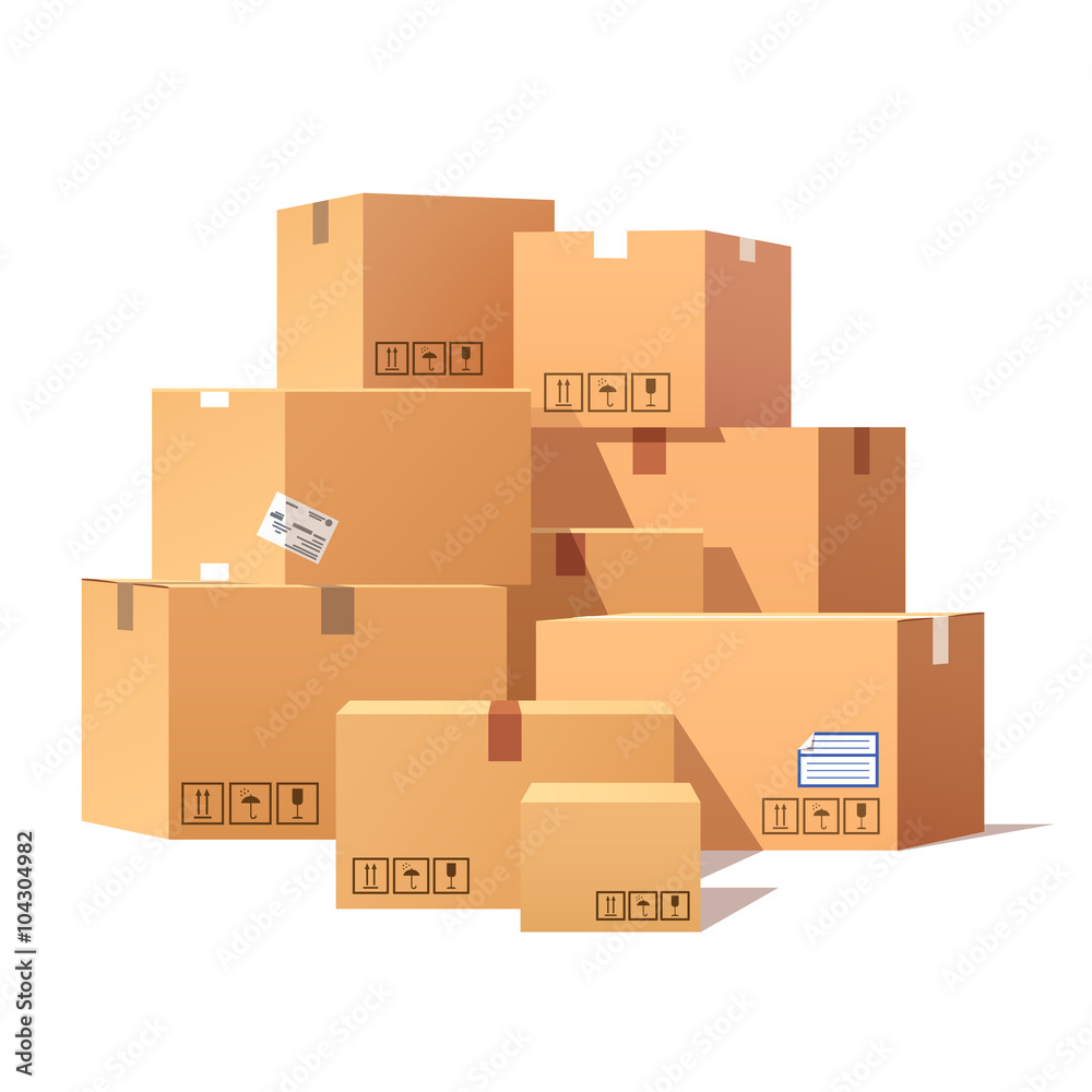 Pile of stacked sealed goods cardboard boxes