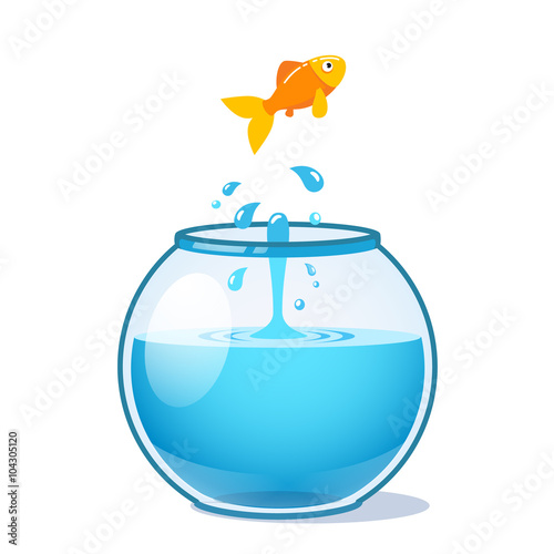 Strong goldfish jumping out of fishbowl