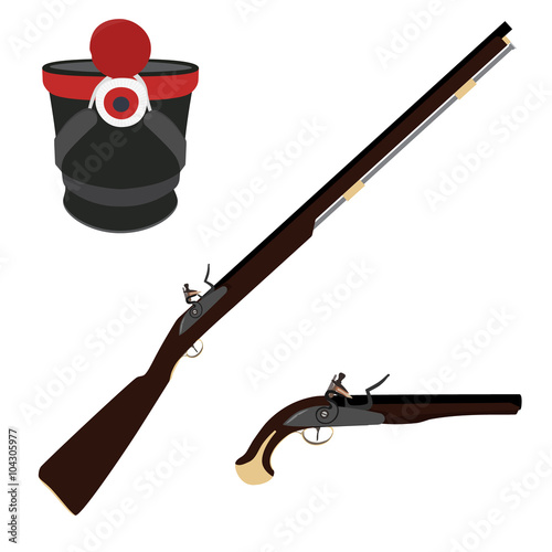 Musket rifle, gun and hat