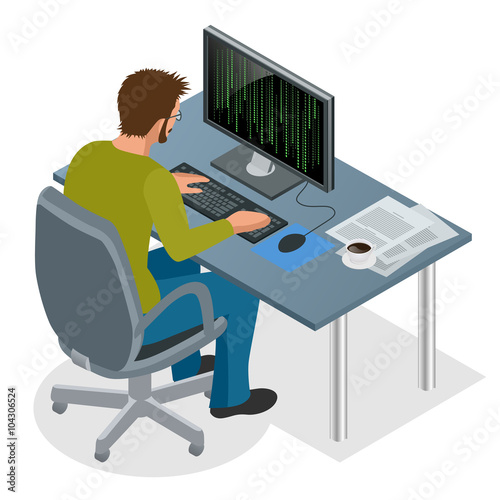 Developer Using Laptop Computer. Web Development concept. Web programming concept. Programming, coding, testing, debugging, analyst, code developer flat 3d isometric vector illustration
