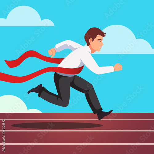 Running businessman winning a race