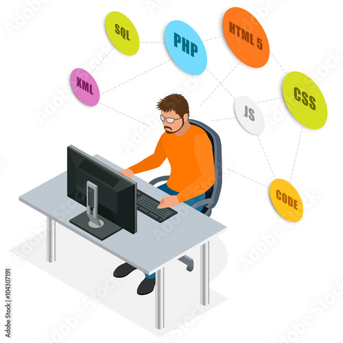 Developer Using Laptop Computer. Web Development concept. Web programming concept. Programming, coding, testing, debugging, analyst, code developer flat 3d isometric vector illustration