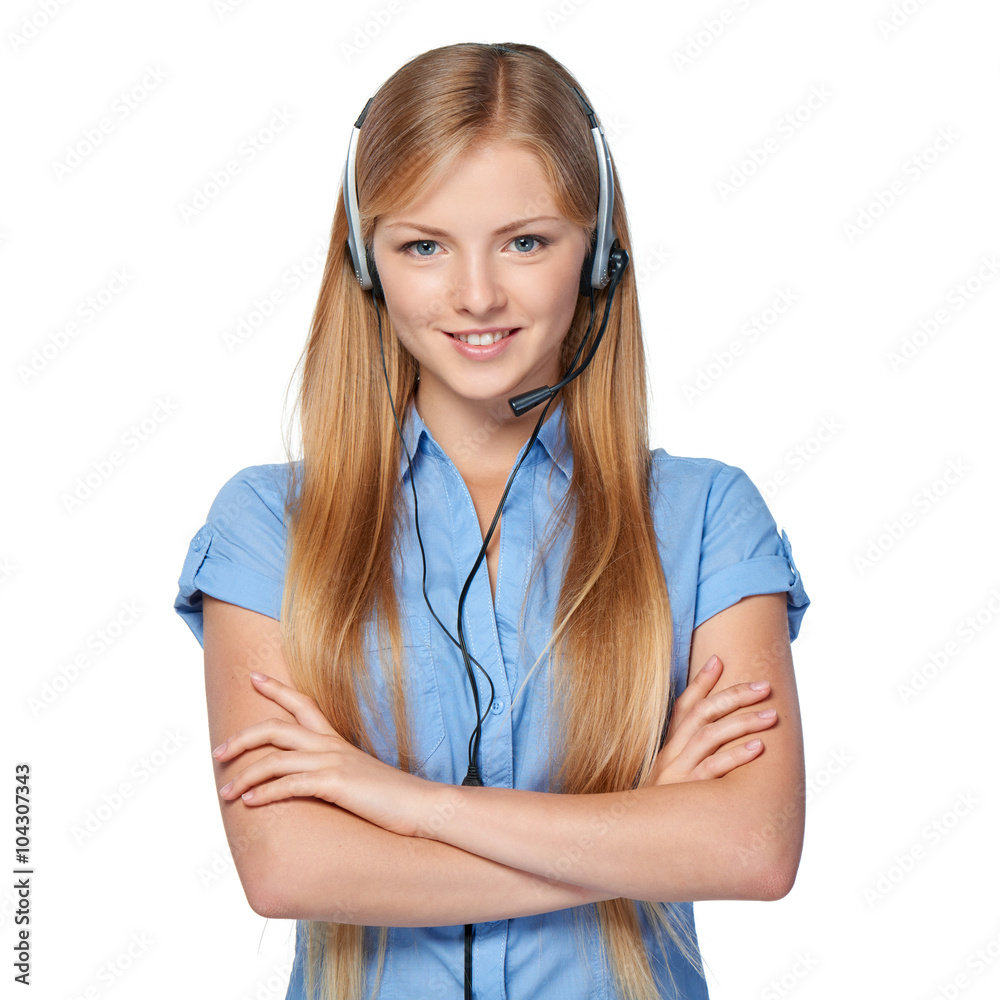 Woman support phone operator in headset
