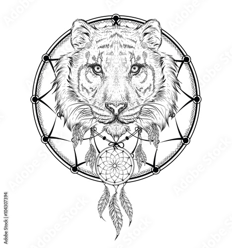 Tiger indian warrior, animal hand drawn illustration, native american poster.  Hand draw vector