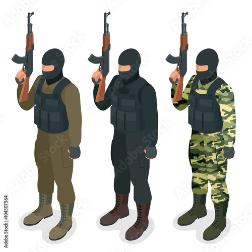 Spec ops police officers SWAT in black uniform Soldier, officer, sniper, special operation unit, SWAT flat 3d isometric illustration User pic Soldier Isometric 3d illustration. Military man vector JPG