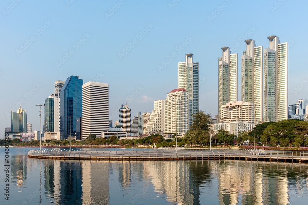 Cityscape, office buildings and apartments in Thailand at dusk