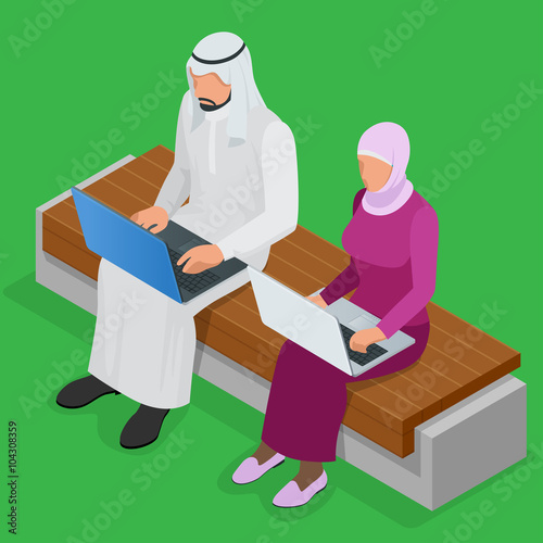 Arabian business man working on Laptop. Arab businesswoman hijab working at a laptop. Vector flat 3d isometric illustration. 