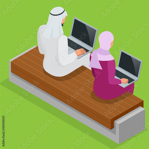 Arabian business man working on Laptop. Arab businesswoman hijab working at a laptop. Vector flat 3d isometric illustration. 