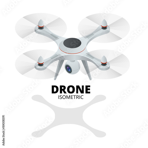 Drone isometric. Drone EPS. Drone quadrocopter 3d isometric illustration. Drone with action camera icon. Drone logo.