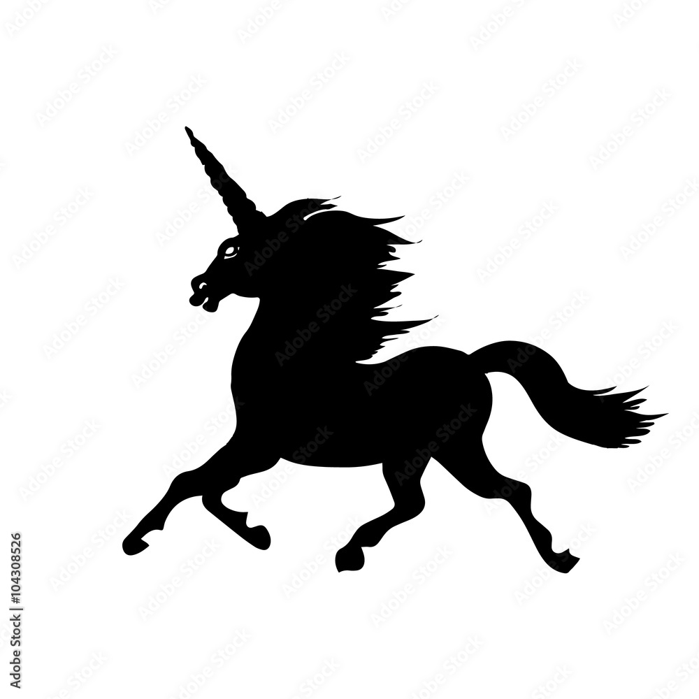 Running unicorn black silhouette isolated on white Running unicorn black silhouette isolated on white