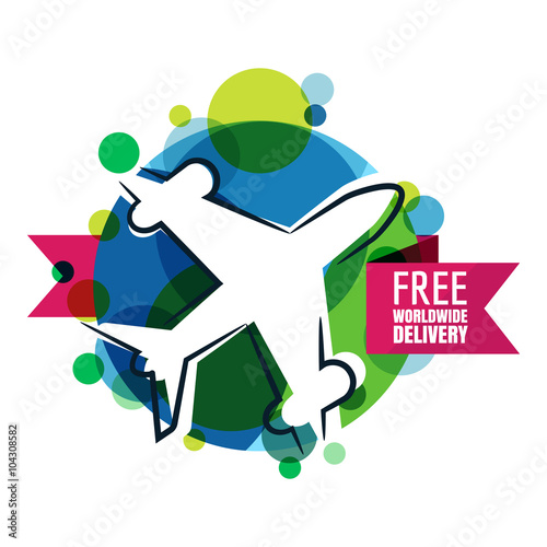 Free worldwide delivery icon. Flight airplane silhouette, green globe and ribbon. Vector logo, label, sticker design element. International air shipping. Export and logistic concept.