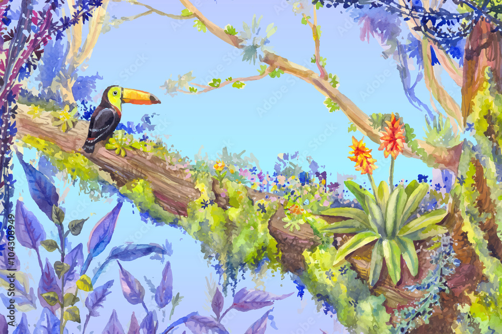 Fototapeta premium Jungle forest with toucan sitting on the tree, watercolor illust
