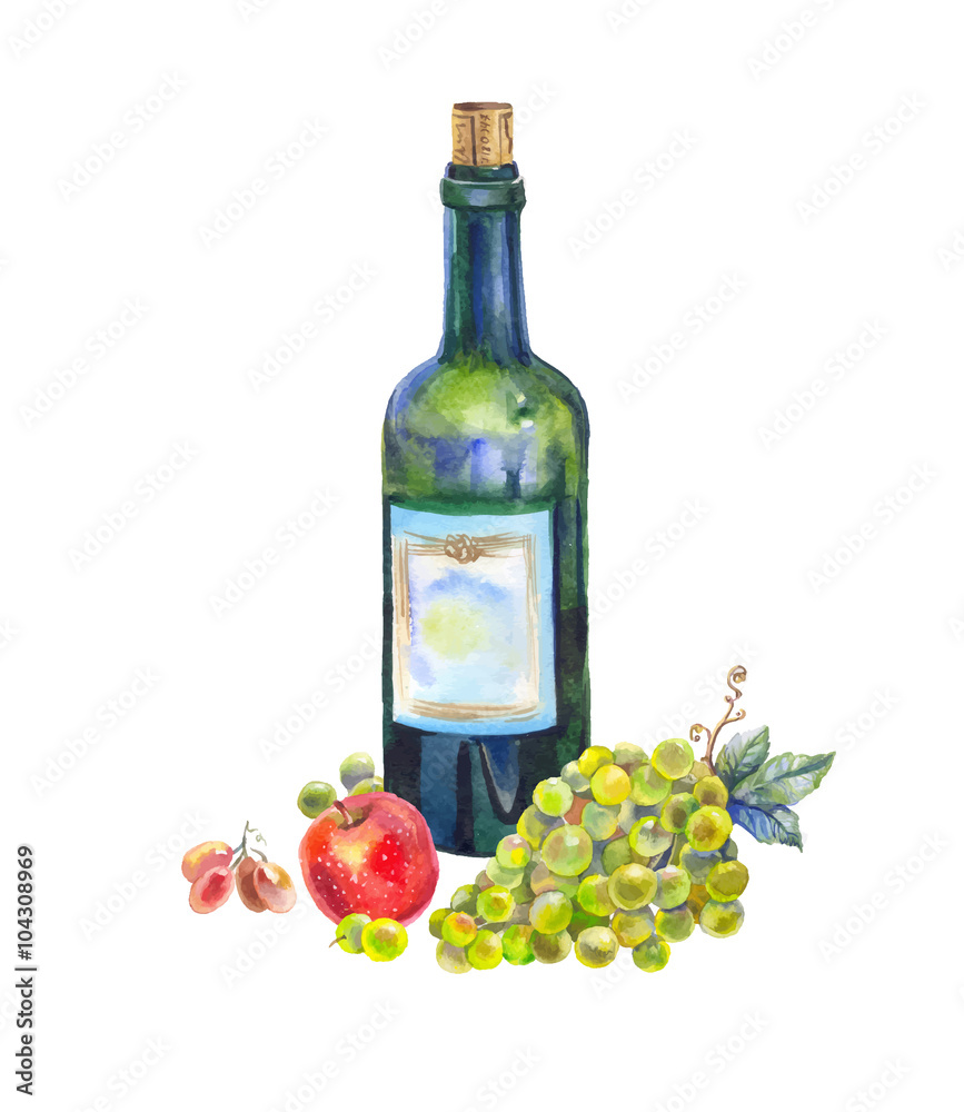 Still life with a bottle of wine, grapes and apple in watercolor