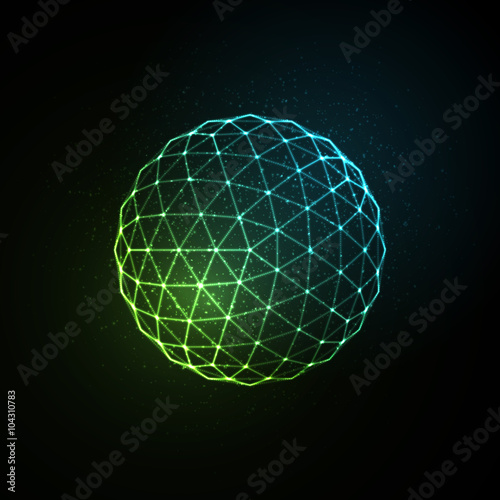 3D illuminated neon sphere of glowing particles.