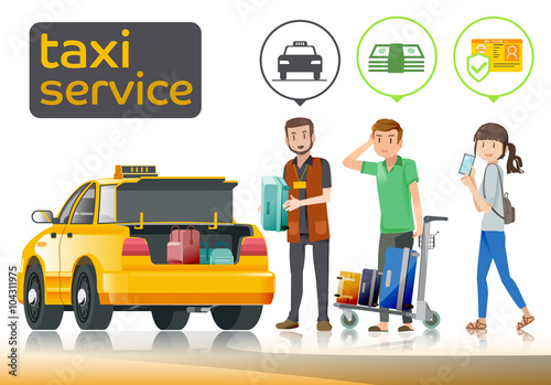 Bringing baggage up a trunk car.Car fare of taxi.Tourists choose to travel by taxi.Travel with a driver who has been licensed driver.Public transport.Couple of travel Safety.Graphic and EPS 10.