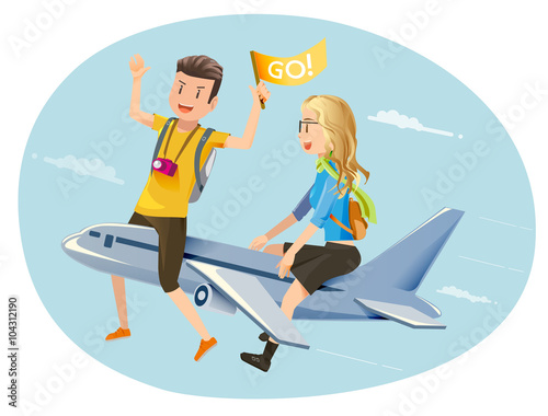 Travel by plane.Couple travelers.The pleasure of traveling by plane.Travel Fast.Open a new experience travel.Fun to travel with the best airline.Honeymoon.Graphic design and EPS 10.