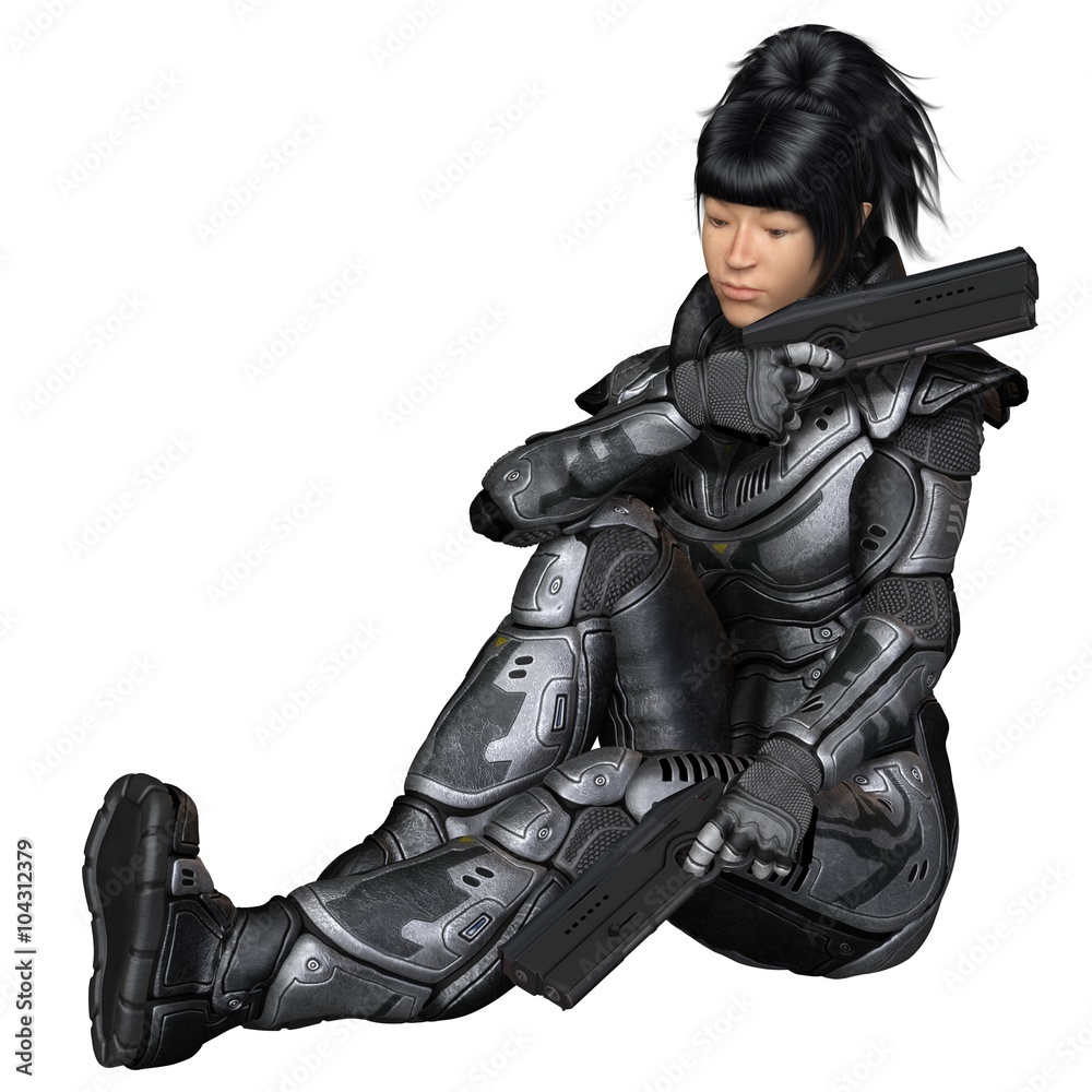 Future Soldier, Asian Female, Sitting - science fiction illustration Future Soldier, Asian Female, Sitting - science fiction illustration