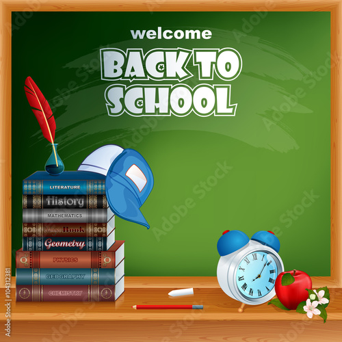 Back to school, design background with primary subject matter school books, chalk, pencil, alarm clock, feather in ink bottle, apple and flowers on desk; Space for text