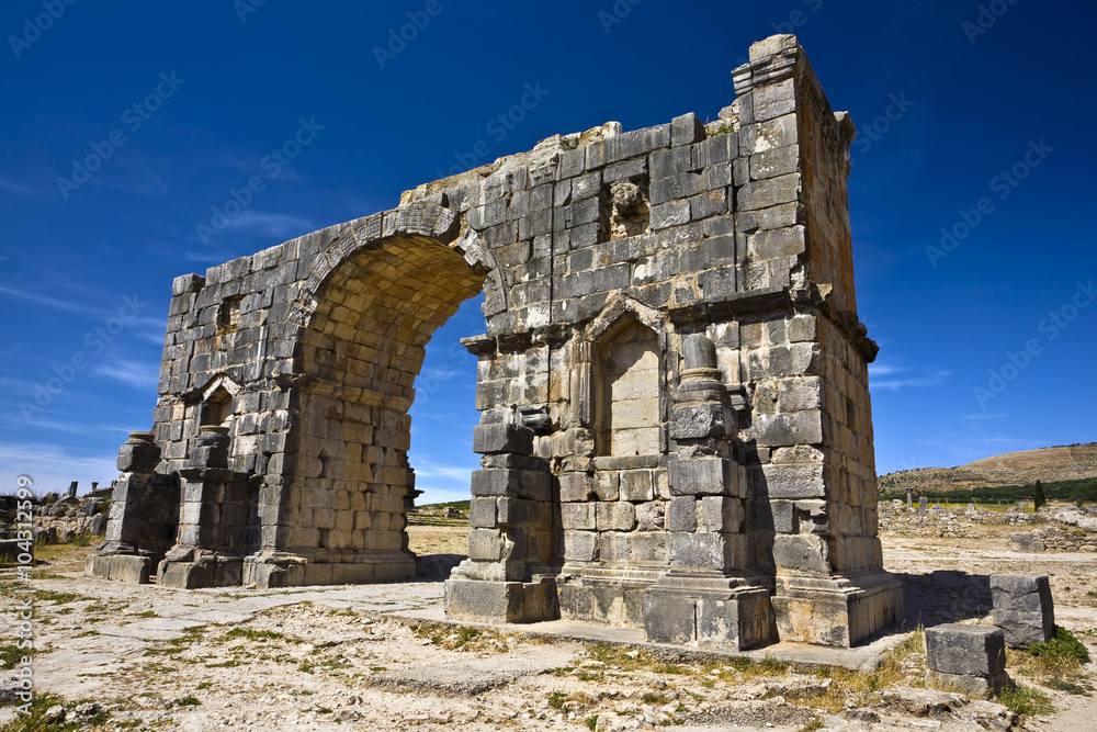 Morocco. Volubilis. The Triumphal Arch dedicated to the emperor Caracalla. This site is on UNESCO World Heritage List