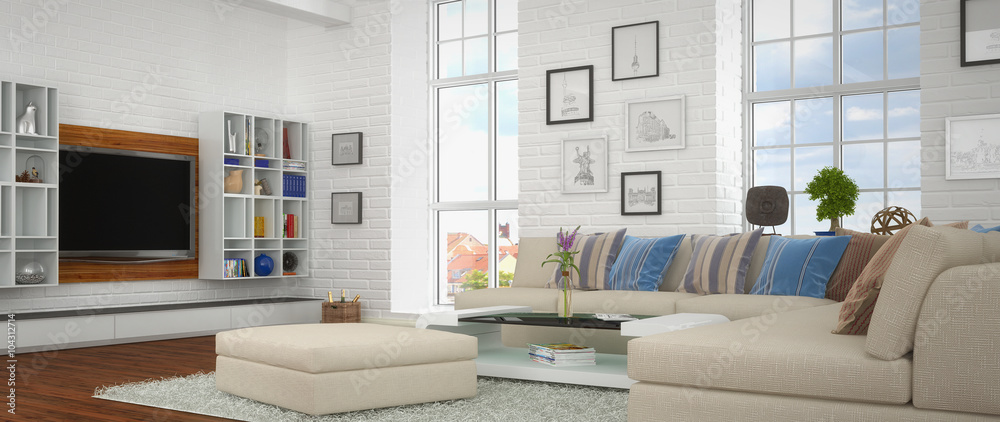 Modernes, luxuriöses, helles Wohnzimmer mit einer großen Couch. Modernes, luxuriöses, helles Wohnzimmer mit einer großen Couch.
