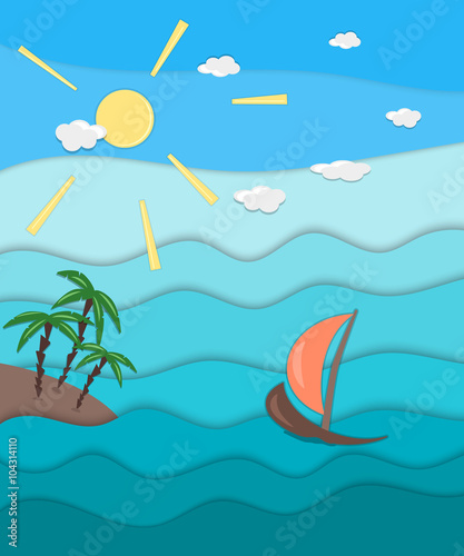 Multilevel illustration on the theme of vacation with sailboat and island in the background of a sea landscape, material design