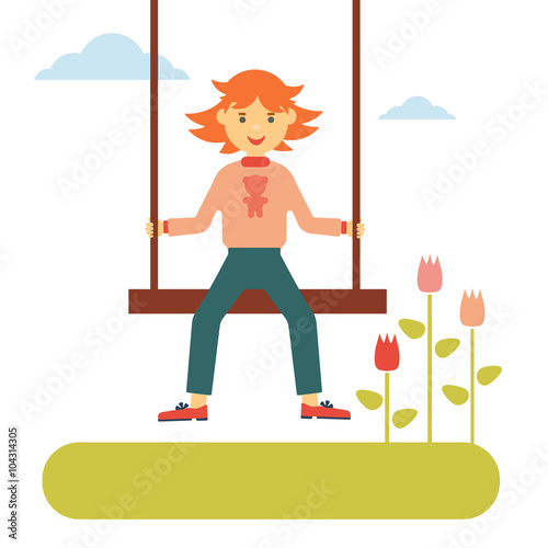 Red-haired girl swinging on a swing, next grow tulips