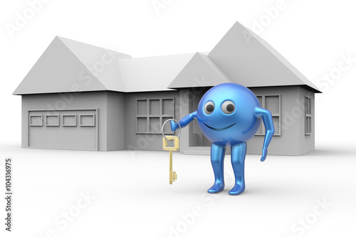 House and 3d ball shape smiley symbol with key