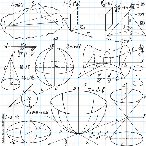 Beautiful vector seamless pattern with mathematical figures, plots and formulas, 